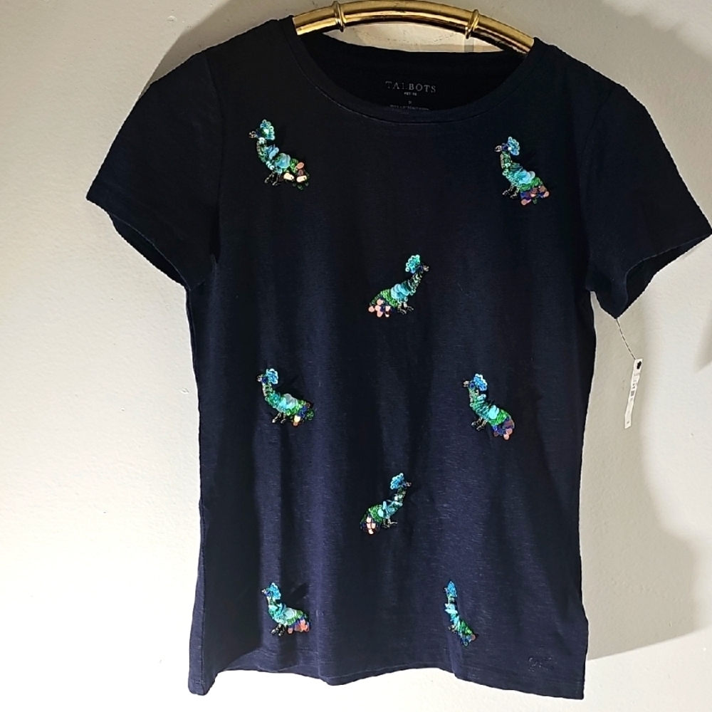 Talbots Navy T-Shirt with Sequin Peacocks. NWT. Size P. 100%‎ cotton.